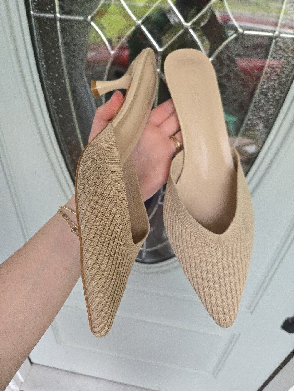 Nude Knit Pointed-Toe Kitten Heel Mules